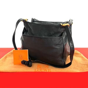 極 美品 袋付き LOEWE ロエベ ヴィンテージ アナグラム ロゴ ナッパ レザー 本革 ミニ ショルダーバッグ ポシェット ブラック 黒 97805