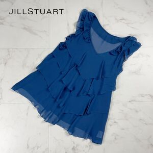 美品 JILLSTUART ジルスチュアート ティアードフリル ノースリーブフレアブラウス トップス レディース ターブルー 青 サイズM*PC473