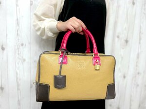 極美品 LOEWE ロエベ アマソナ36 フルオ ハンドバッグ バッグ レザー×パテントレザー 茶系×ピンク 77373Y