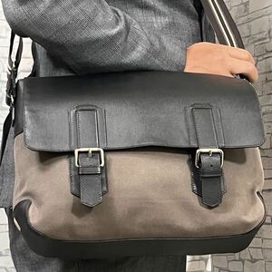 【美品】dunhill ダンヒル メンズ ショルダーバッグ メッセンジャー 斜め掛け レザー キャンバス A4◎ 大容量 ビジネス ダークブラウン