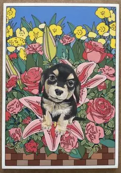 木の板に水彩画、オリジナルイラスト、子犬と花、手描き一点もの