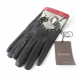 未使用品☆GUCCI グッチ クロコダイルレザー×レザー パイソン使い スタッズ付 グローブ/手袋 黒 レディース 7 1/2 伊製 箱・保存袋付き