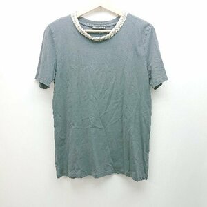 ◇ ZARA ザラ クルーネック ビジュー パール カジュアル 半袖 Tシャツ サイズUSA S ダークグレー レディース E