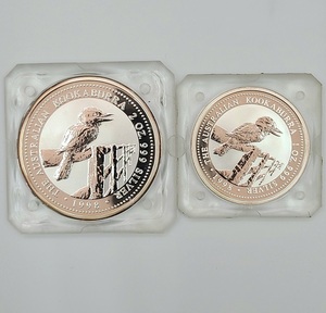 純銀コイン 2枚セット 1998年 オーストラリア 大型銀貨 2オンス 1オンス クッカバラ カワセミ 2ドル 1ドル シルバー999 エリザベス ケース