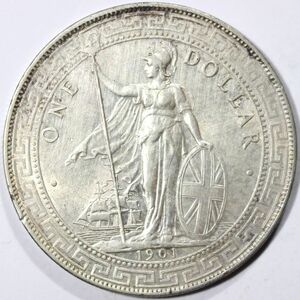 93■英領 香港 壹圓銀幣 1ドル銀貨 1901年 26.95g 39.0mm イギリス銀貨 貿易銀 中國 ONE DOLLAR