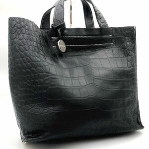 1円 【美品】 FURLA フルラ ハンドバッグ トート クロコ レザー シルバー金具 ブラック メンズ レディース チャーム ビジネス A4収納 紳士