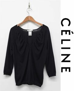 HGA-I298/美品 CELINE 長袖ニットブラウス セーター カシミヤ ストレッチ Vネック M 黒 イタリア製