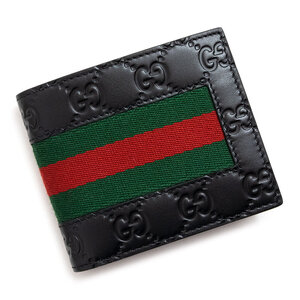 （新品・未使用品）グッチ GUCCI ウェブ シェリーライン 二つ折り財布 札入れ グッチシマ レザー ブラック 黒 408827 箱付