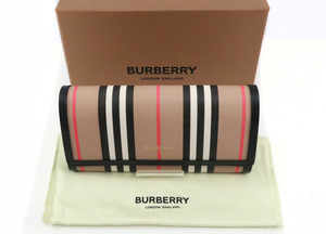 未使用 バーバリー 二つ折り長財布 アイコン ストライプ ベージュ系 ボーダー ref.8030447 BURBERRY /32813