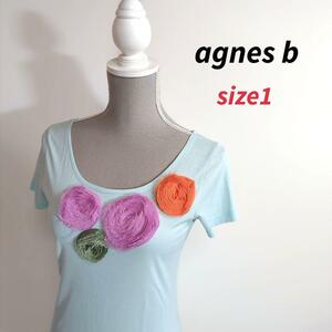 agnes b 立体フラワー飾り Tシャツ 水色ライトブルー 表記サイズ1 66465