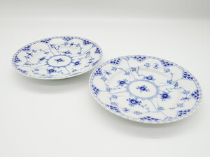 R-062456　デンマーク ROYAL COPENHAGEN(ロイヤルコペンハーゲン) ブルーフルーテッド フルレース 皿2客セット(プレート)(定価約66000円)