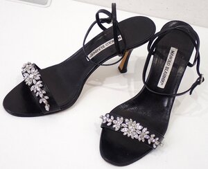 定価9万円ほど 良品 マノロブラニク MANOLO ストラップ サンダル パンプス ブラック ブラック ビジュー 37 1/2 23.5cm 24cm シューズ 3784