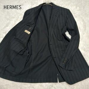 美品/希少XL相当 HERMES エルメス テーラードジャケット アンコン ストライプ ビジネス ブラック 黒 52サイズ 春 夏 サマー イタリア製