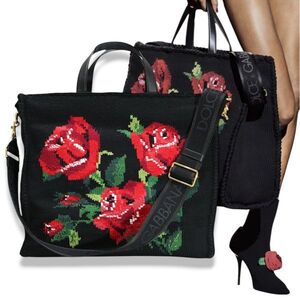 良品 正規品 DOLCE&GABBANA ドルチェ＆ガッバーナ ローズ バラ インターシャ 2WAY トート ショルダー バッグ ブラック イタリア製