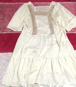 亜麻色レースアイボリーシースルーシフォン半袖ネグリジェチュニックワンピース Flax color ivory chiffon short sleeve negligee tunic