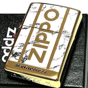 ZIPPO かっこいい 大理石 Logo Marble ジッポ ライター ロゴ ゴールド＆ホワイト 金タンク 彫刻 両面加工 金白 メンズ ギフト