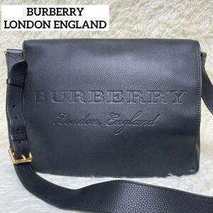 【極美品】BURBERRY LONDON バーバリーロンドン ショルダーバッグ　メッセンジャーバッグ ロゴ型押し　カーフレザー フラップ ブラック　黒