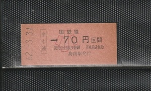 国鉄大阪印刷 冷水浦→小児専用70円区間 赤地紋 硬券乗車券 未使用券 開業無人駅