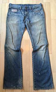 良品「DIESEL」ヴィンテージウォッシュ クラッシュ加工 微フレアジーンズ Sax SIZE:28(29-30相当) イタリア製