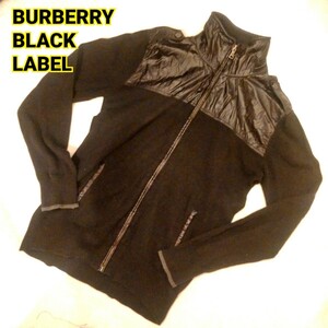 BURBERRY BLACK LABEL 切り替え ニット ZIP ジャケット ナイロン ホース 刺繍 ロゴ サイズ2 ブルゾン ジップアップ 黒 ブラック バーバリー