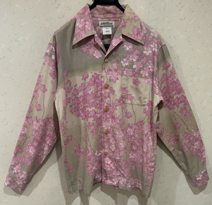 ＊マカナレイ MAKANA LEI シルク 和柄 桜 長袖 アロハシャツ オープンカラーシャツ トップス M 　　　　　　BJBC.D