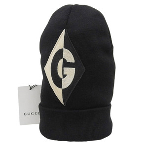 【本物保証】 新品同様 グッチ GUCCI ニット帽 587762 4G206 1000 M メンズ レディース ロゴ 帽子 ウール ブラック