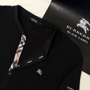 美品 BURBERRY BLACK LABEL バーバリーブラックレーベル 長袖ヘンリーネックTシャツ ロンT 前立てノバチェック ホース刺繍 黒 2(M) #2890