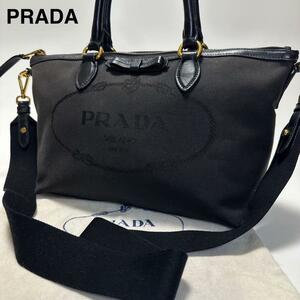 a94【極美品】プラダ　PRADA　キャンバス　レザー　革　刺繍　ロゴジャガード　ブラック　黒　2way ショルダーバッグ ハンド トート 1BA172