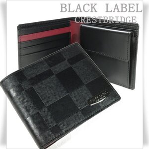 新品1円～★BLACK LABEL ブラックレーベル クレストブリッジ メンズ 日本製 チェック 牛革レザー二つ折り財布 ウォレット 黒 本物◆2691◆