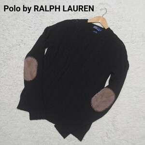 【美品】Polo by RALPH LAUREN エルボーパッチ 肘当てケーブルニット セーター 長袖 リネン 麻 ウール ラムレザー ラルフローレン