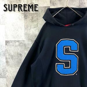 希少 美品 90s ヴィンテージ SUPREME シュプリーム プルオーバーパーカー パイルロゴ センターロゴ ダークネイビー 濃紺 XL