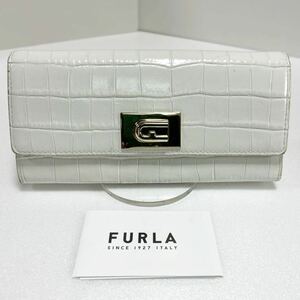 ◆FURLA フルラ　長財布◆　フラップ式　ターンロック　本革　クロコ型押し　小銭入れ有　ホワイト　証明書付き 【USED】 0124A