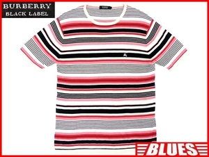 即決★BURBERRY BLACK LABEL★メンズM 廃版 ニット セーター バーバリーブラックレーベル 2 ピンク ボーダー 三陽商会正規 ナイト刺繍 半袖