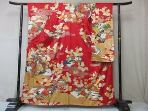 1円 良品 正絹 着物 振袖 縮緬 式典 和装 和服 金駒刺繍 赤 扇子 ヱ霞 花柄 草花 高級 袷 身丈152cm 裄65cm【夢職】★★★