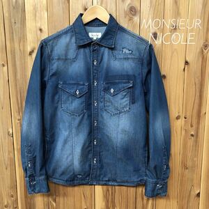 MONSIEUR NICOLE◇ムッシュニコル 長袖シャツ デニムシャツ トップス シャツジャケット USED加工 ストレッチ カジュアル メンズ46 