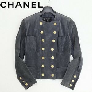 ヴィンテージ●CHANEL シャネル 金釦 バックスキン レザー ノーカラー ジャケット チャコールネイビー