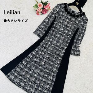 新品同様 近年モデル レリアン【ロングワンピース ツイード 花柄 レース 大きいサイズ 11 L】Leilian ストレッチ 刺繍 ドッキング Aライン