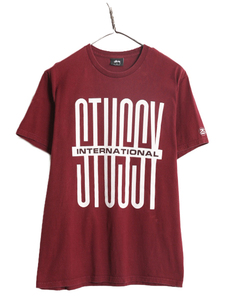 ステューシー プリント 半袖 Tシャツ メンズ M 古着 STUSSY 半袖Tシャツ プリントT ロゴT SSリンク ヘビーウェイト コットン バーガンディ