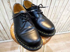 1759★美品!!Dr.Martens/ドクターマーチン 3EYE SHOE ３ホールシューズ レザー メンズ ブラック×イエローステッチ UK9（28ｃｍ）USED★