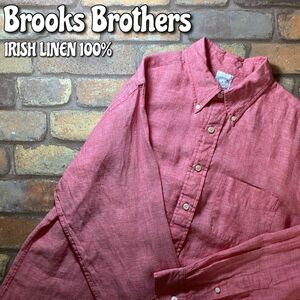 ★USA直輸入★良品＆正規品★【Brooks Brothers ブルックスブラザーズ】正統派 高品質 アイリッシュリネン BDシャツ【海外 L】薄赤 K3-439