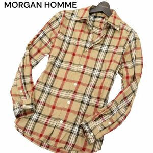 MORGAN HOMME モルガン オム 通年 スリム★ 長袖 ブリティッシュ チェック シャツ Sz.M　メンズ ベージュ　C4T00908_2#C