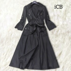 44 【iCB】 アイシービー ラップワンピース カシュクール 4 L M 黒 ブラック 日本製 ベルト フレア Aライン 膝丈 ひざ丈 シンプル 無地