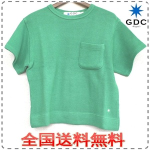 GDC ジーディーシー 綿100% 半袖ニットTシャツ 丸首 胸ポケット ショート丈 男女兼用 ユニセックス メンズXSサイズ 緑 送料無料 A322