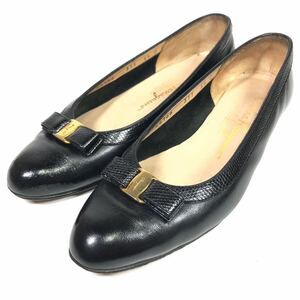 【フェラガモ】本物 Ferragamo 靴 23cm 黒 ヴァラリボン パンプス ビジネスシューズ 本革 レザー 女性用 レディース イタリア製 5 1/2 C