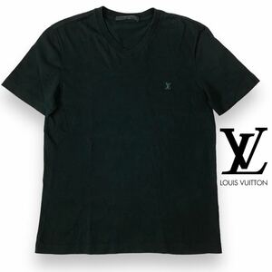 k277 LOUIS VUITTON ルイヴィトン 半袖 Tシャツ カットソー トップス ロゴ 刺繍 XS イタリア製 綿 100% 深緑 正規品 メンズ レディース