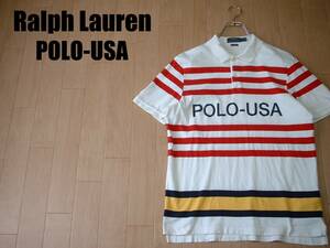 希少Ralph LaurenラガーボーダーPOLO-USAビッグロゴポロシャツ美品M白ホワイト正規CLASSIC FITラルフローレンSPORT JEANS HI-TEC