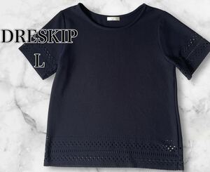 【DRESKIP】WORLD ネイビーのカットワークトップス　カットソー　　 L 半袖 