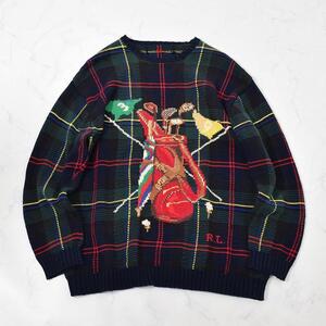 90s vintage RL-93 Ralph Lauren ビンテージ ラルフローレン ゴルフバッグ柄 インターシャ コットン ニット セーター Ｍ タータンチェック 