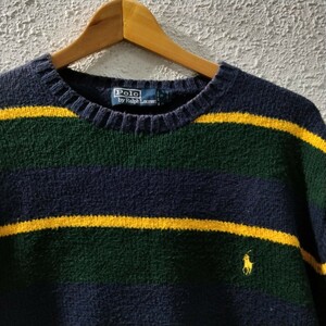 POLO by Ralph Lauren ポロ バイ ラルフローレンコットン　ボーダー　クルーネック　セーター　ニット　cotton crew 90年 navy green XL 