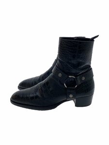 SAINT LAURENT◆クロコ型押しワイアットハーネスリングブーツ/40/BLK/レザー/603515